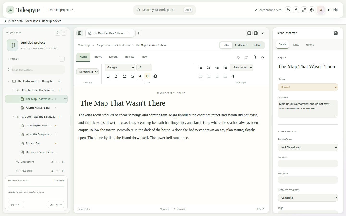 TaleSpyre manuscript editor with a scene in progress